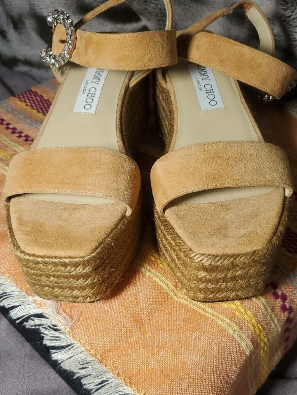 Jimmy Choo Suede Espadrille Wedge Sandals with Crystal Buckle Size 8